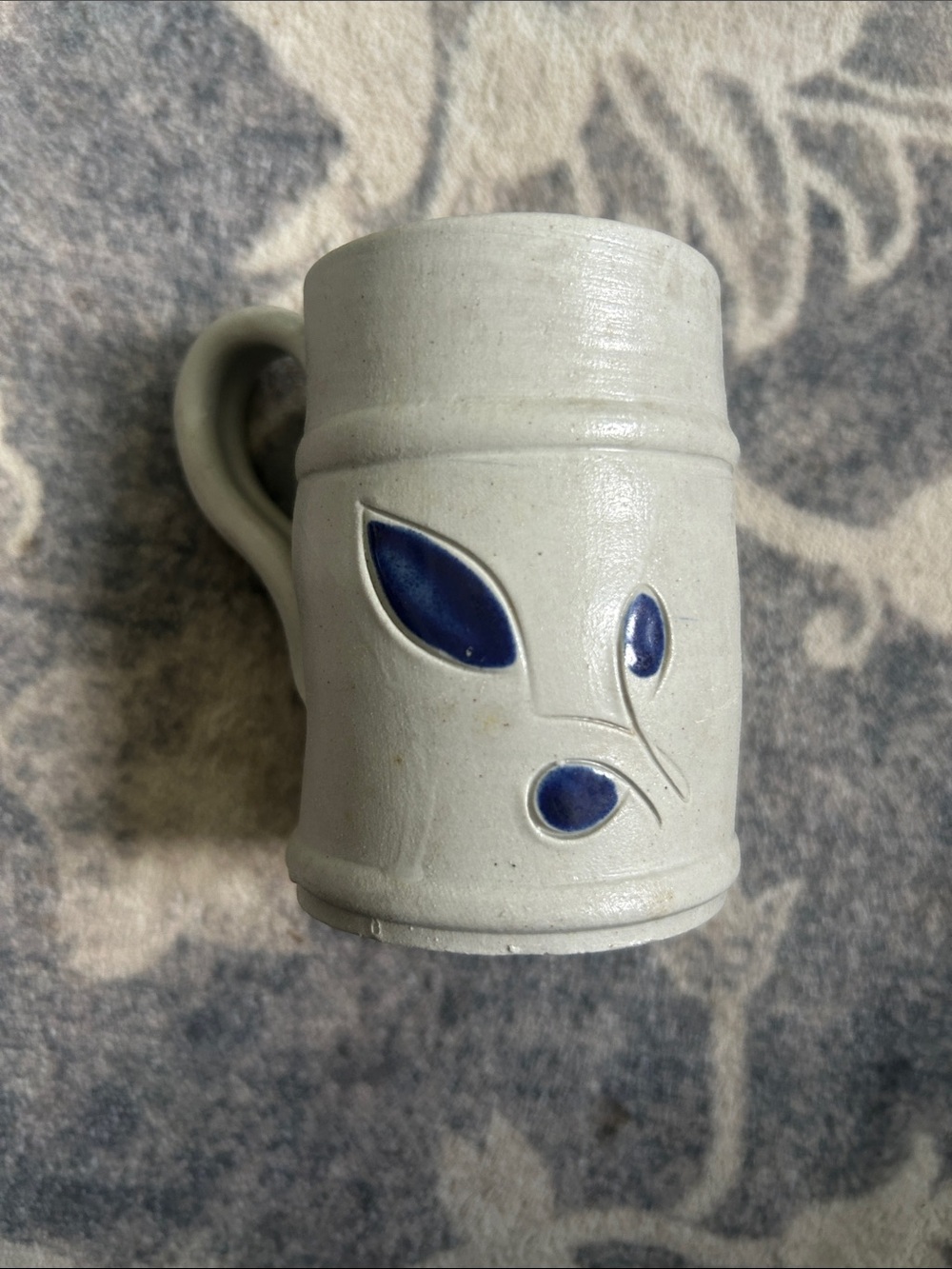 Handcrafted Williamsburg Pottery Ceramic Mug with Blue Leaf Motif